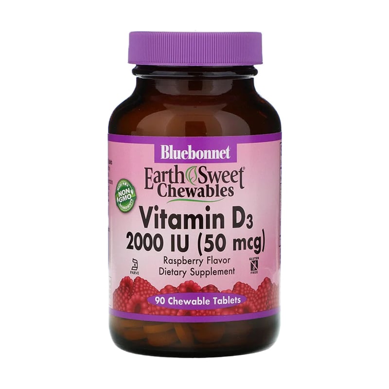 Вітамін Д3 Bluebonnet Nutrition Earth Sweet Chewables Vitamin D3 2000 МО зі смаком малини, 90 жувальних таблеток